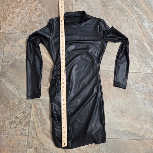 Black Faux Leather Mock Neck Ruched Long Sleeve Bodycon Mini Dress Womens S - Picture 3 of 6
